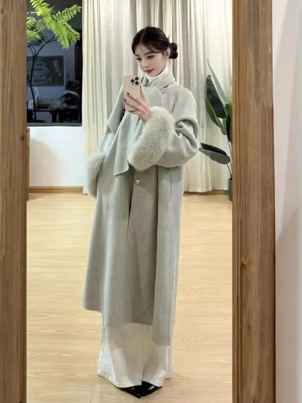 

Корейское двустороннее шерстяное пальто для женщин, средней длины, теплое, осенне-зимнее, модное, для повседневной носки, с высоким воротником