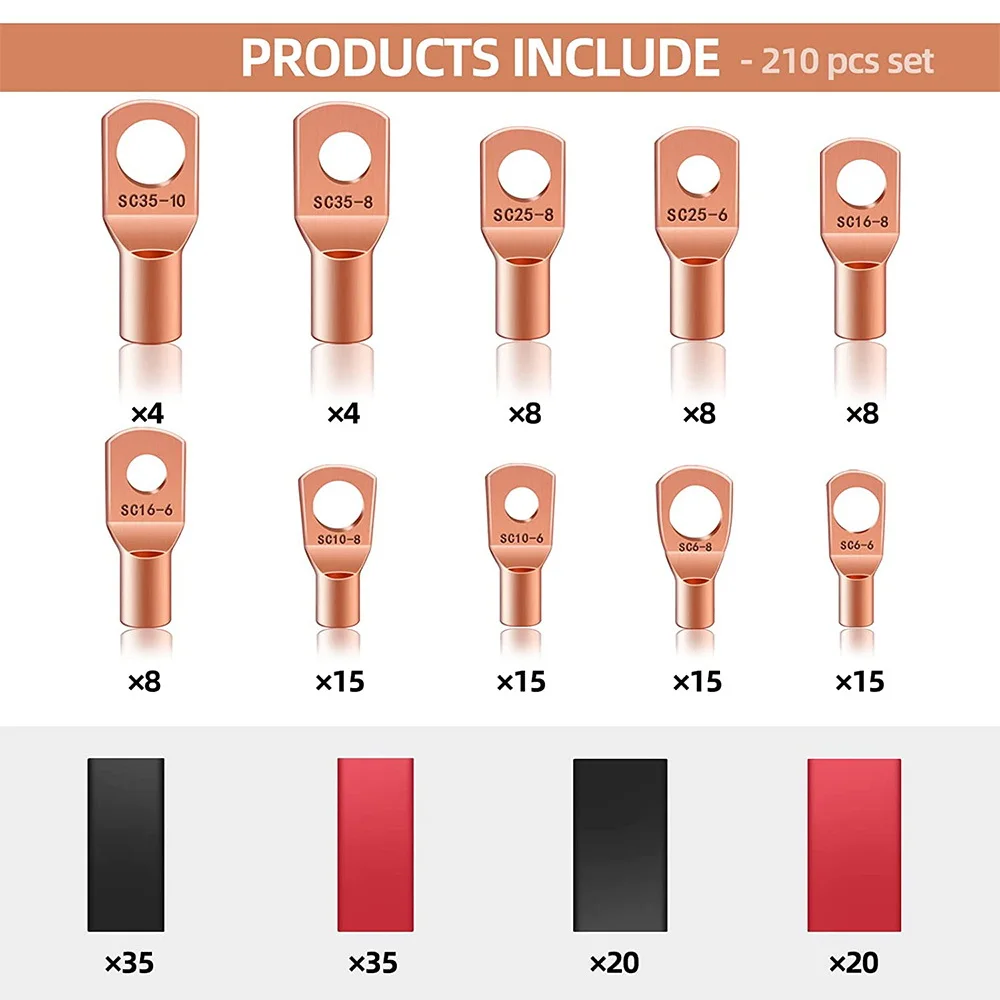 210Pcs Copper Wire Lugs AWG 2 4 6 8 10 12 with Heat Shrink Set,100Pcs Battery Cable Lugs with 110Pcs Heat Shrink Tube