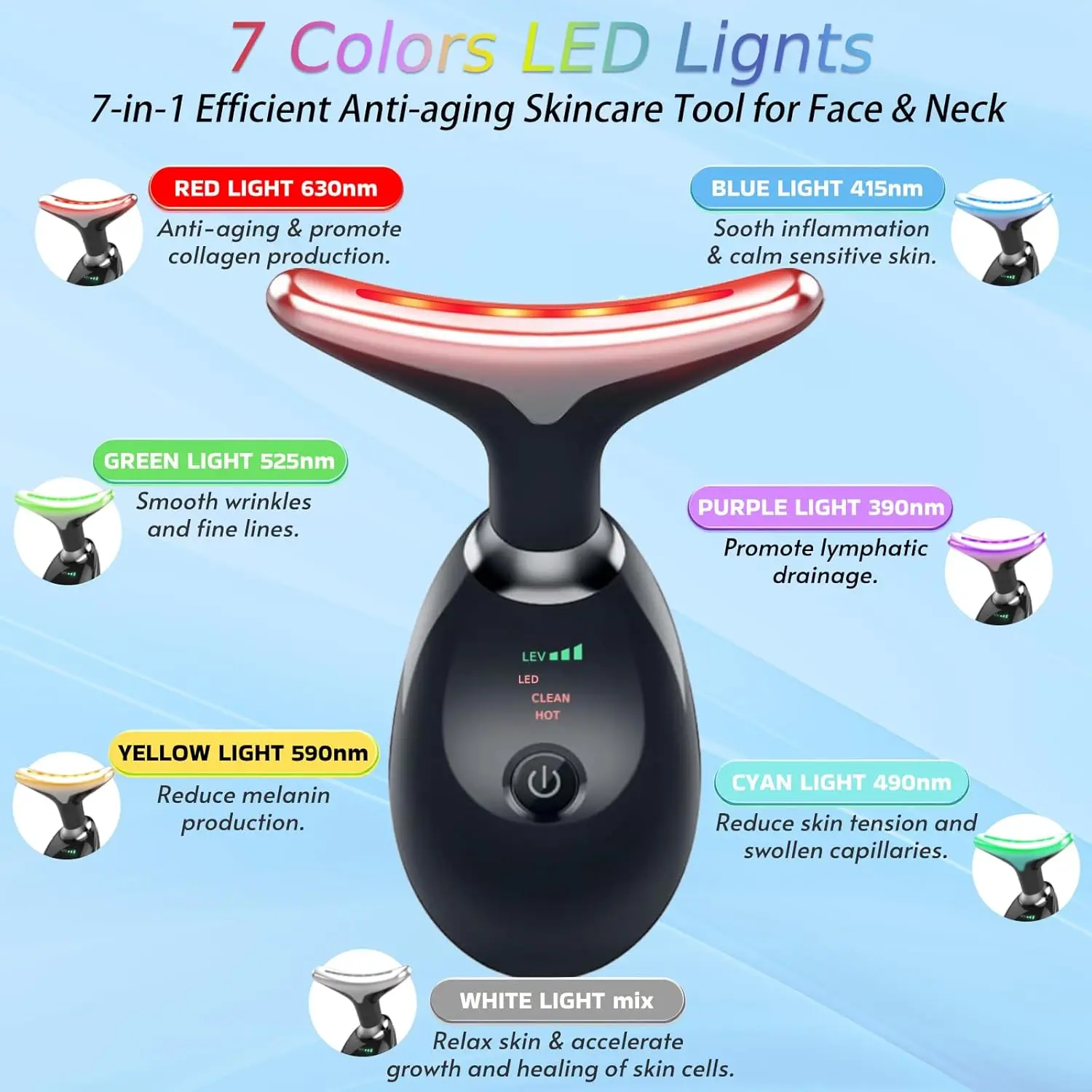 Rechargeable LED 7 Colors Anti Wrinkle Facial Massager Neck Facial Beauty Device Lifting Tighten Skin Care Tool 7 Modes 3 Levels