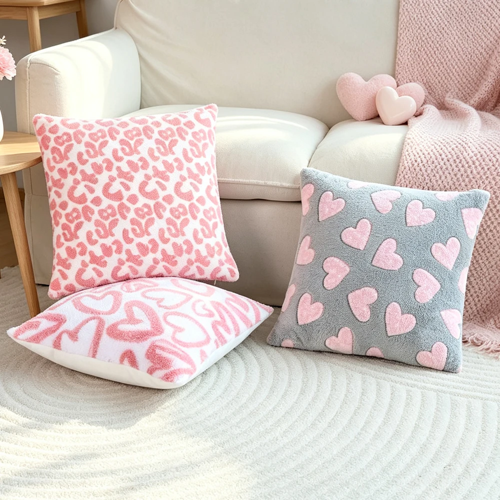 BUYNOW 1PC Faux Plush Heart Bow Leopard Print Pillowcase Without Filler Valentine's Day Cute Sofa Bedroom Cushion Cover Decor