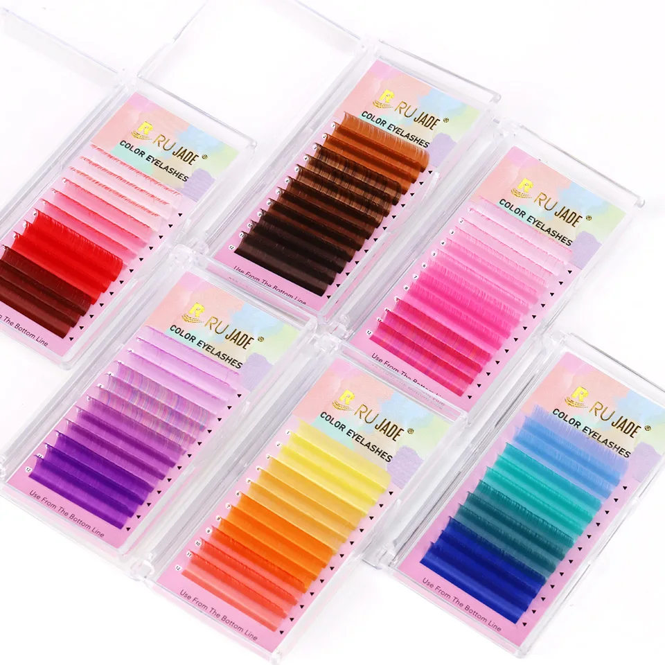 RUJADE Colorful Individual Eyelashes Purple Blue Pink Green Yellow Ombre Color Eyelash Extension Faux Mink Silk Eyelash
