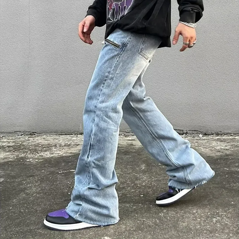 Jeans évasés baggy déFlexrétro pour hommes, pantalons en denim à jambes larges, streetwear Hip Hop, droit, fermeture éclair, mode Y2K, fjRopa zones