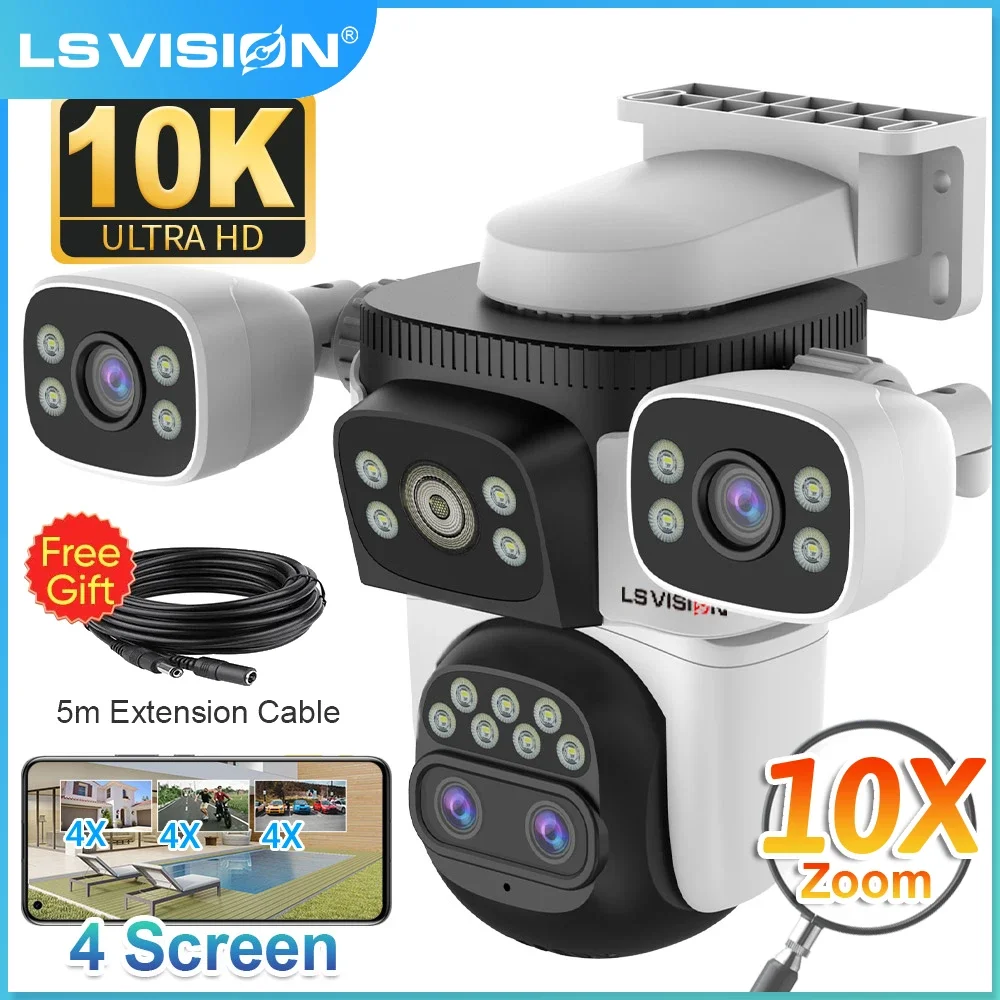 LS VISION 20MP Outdoor WiFi6 Camera 10X Zoom Four Screen Home Surveillance Cam 720° PTZ Auto Tracking IP66 Security Camera CCTV