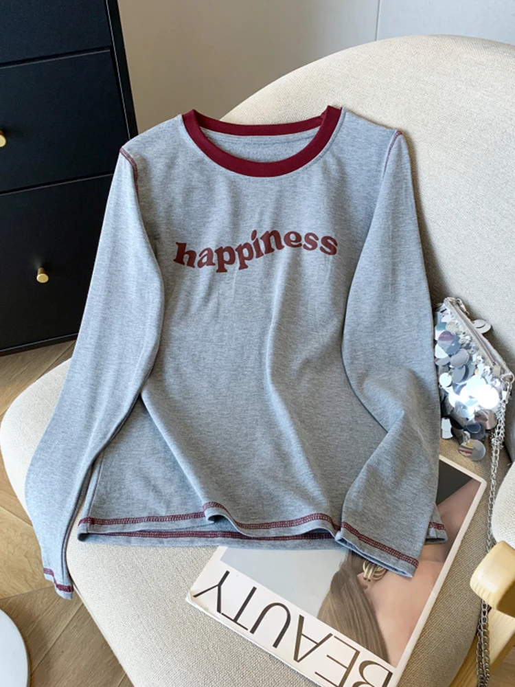 

Korean Fashion Chic Elastic Loose Long Sleeved Women's T-Shirt Top New Women Round Neck Basic Brushed Inner Bottom Shirt