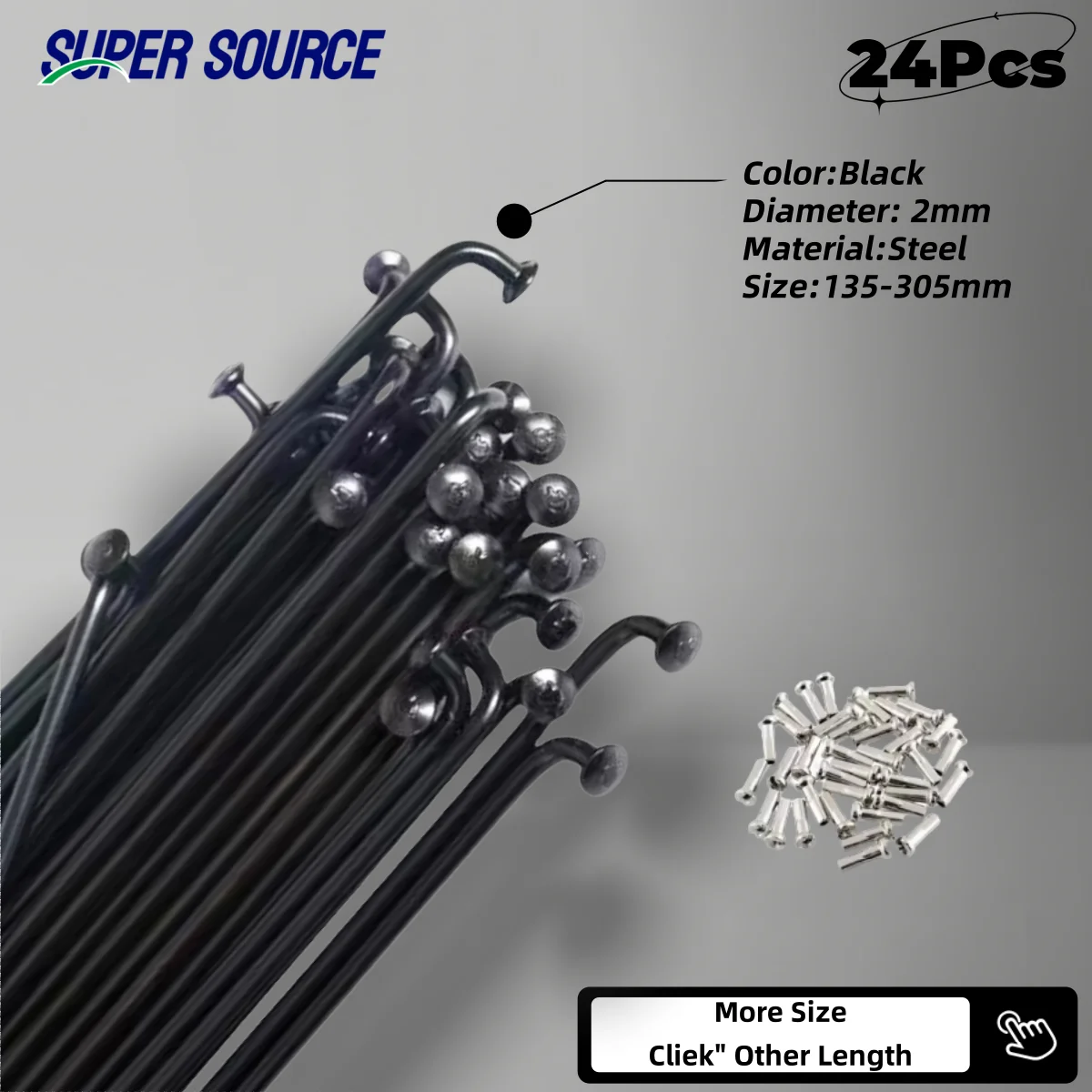 

Hot Sale 24Pcs Black Bicycle Spokes 14G 2mm Diameter J-Bent Length 150-305mm #45 Steel Spokes+Nipples Knitting Needle