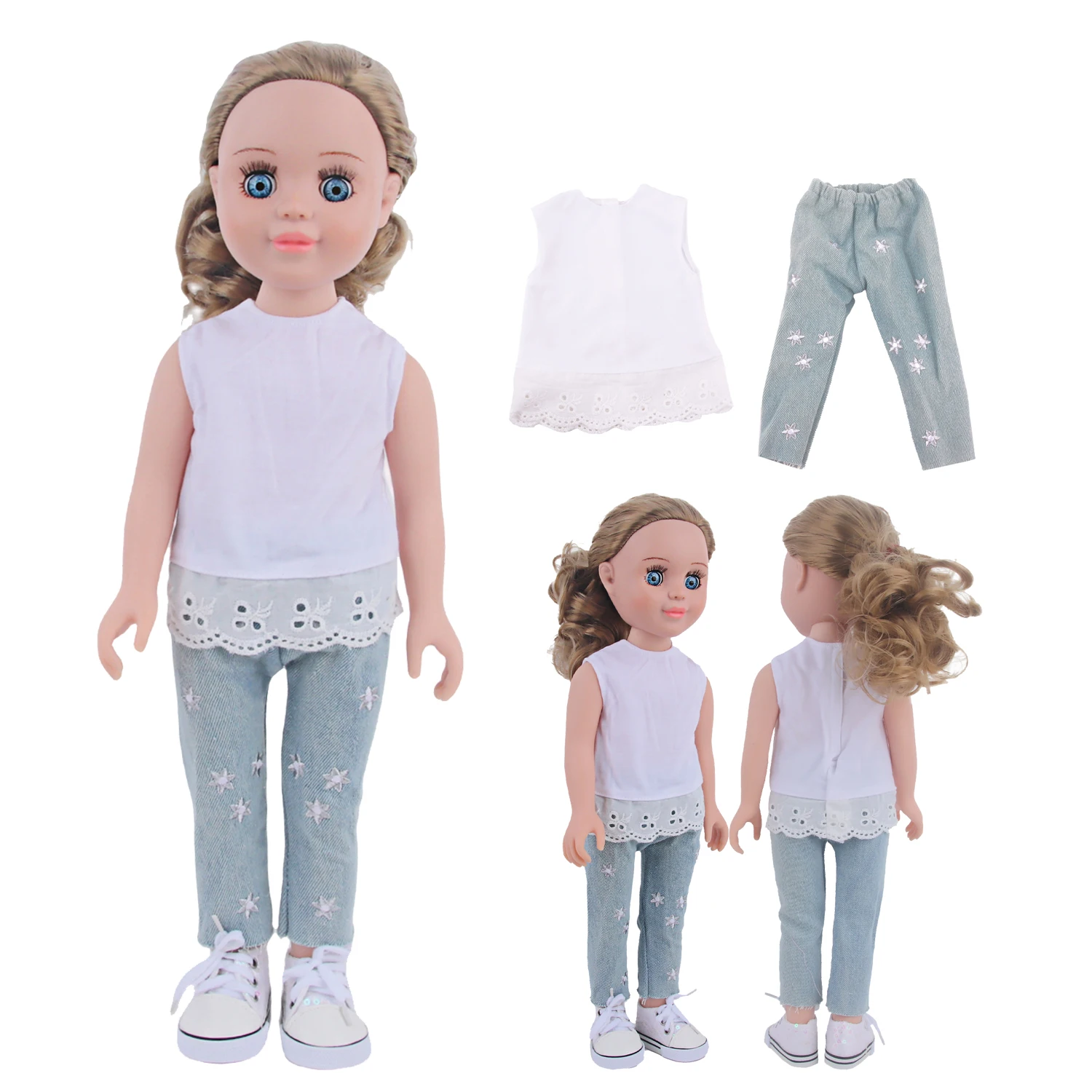 

17-Inch Skinny Doll Clothes Set Sleeveless Lace T-shirt + Embroidered Pants For 45cm Baby Girl Dolls Accessories Toy