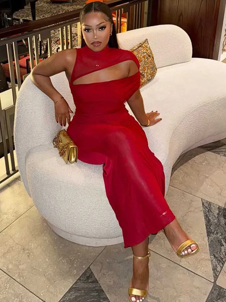 Damska czerwona sukienka świąteczna dzianinowa z wycięciem przy dekolcie seksowne sukienki damskie okrągły dekolt elegancka szykowna wieczorowa długa sukienka wyszczuplająca talię