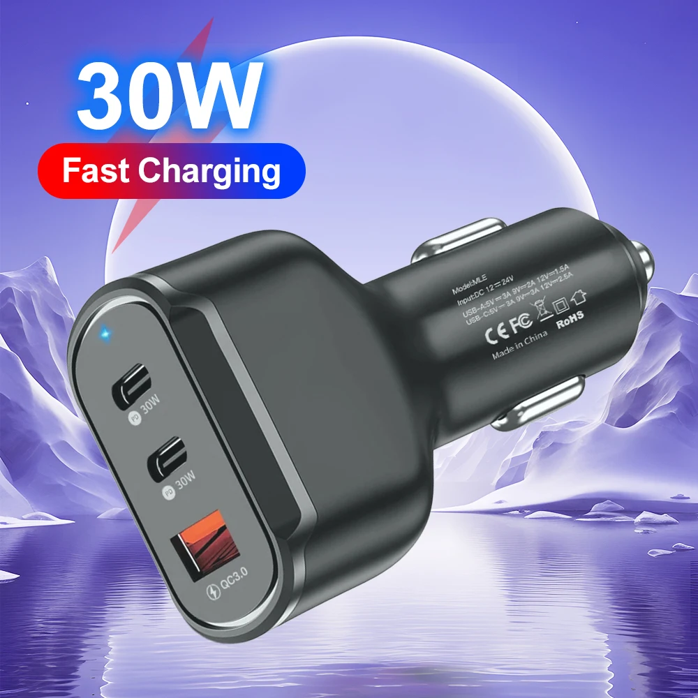 Total 30W USB Car Charger 3 Port PD Type C Fast Charging Car Phone Adapter For iPhone 14 13 Xiaomi Samsung