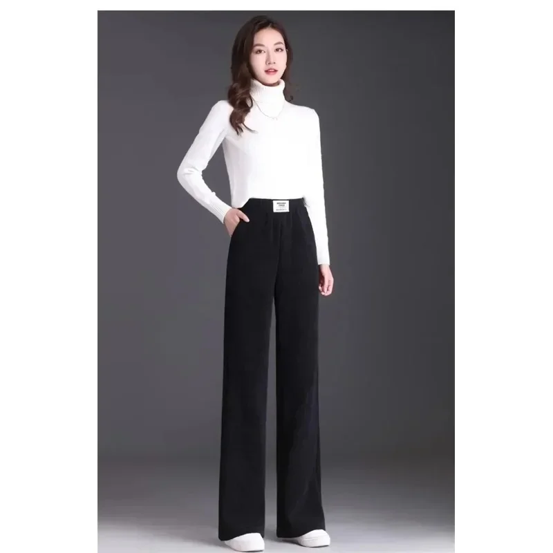 Korean Lamb Fluff Straight Pantalones Winter Fleece Lined Wide Leg Pants Casual Thicken Warm Baggy Sweatpants Women HighWaist 