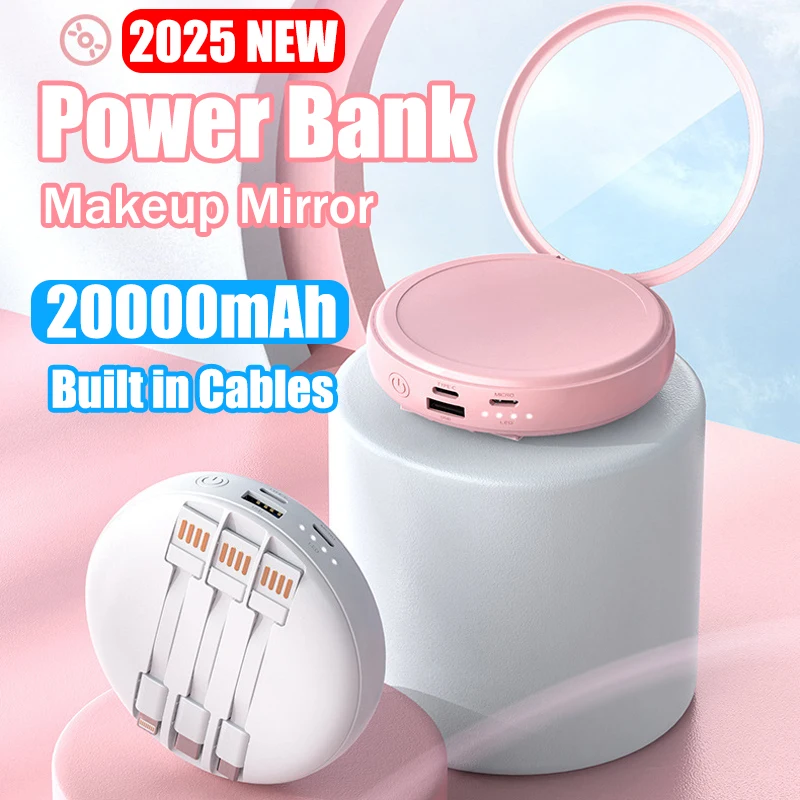 

Новое зеркало для макияжа Power Bank со встроенными кабелями, портативное зарядное устройство, внешняя запасная батарея 20000 мАч для IPhone, Huawei, Xiaomi Powerbank