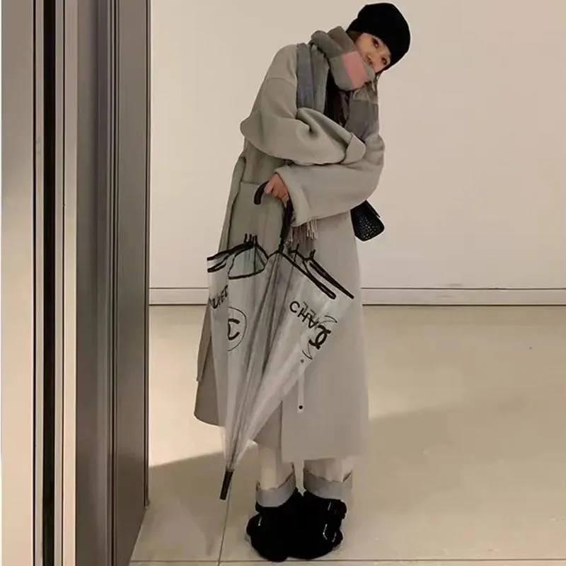 2024 Autumn/Winter New Grey Woolen Coat Women's Fashion Trend Senior Sense Loose Solid Color Over The Knee Mid-Long Woolen Coats