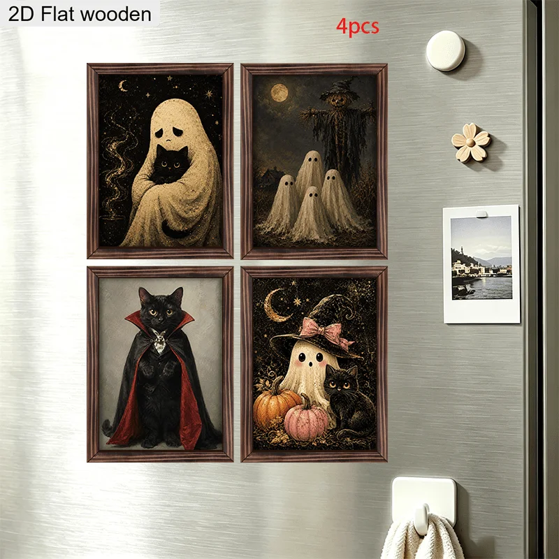 4Pcs Wooden Ghost Fridge Magnet Decor, Vintage Oil Painting Ghost Black Cat Scarecrow Printed Magnetic Buckle, Halloween Square