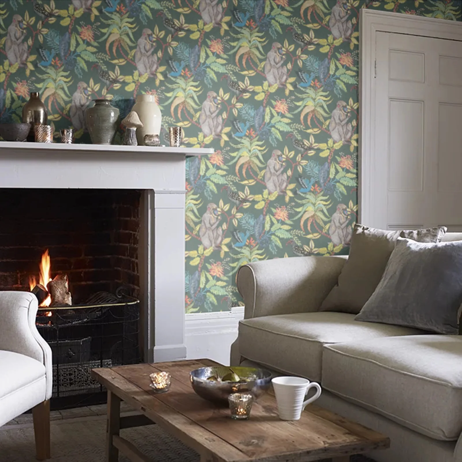 Quirky animal jungle Wallpaper with baboon, chameleon and exotic birds against a Dark Petrol back, Nordic Wall paper SAVUTI