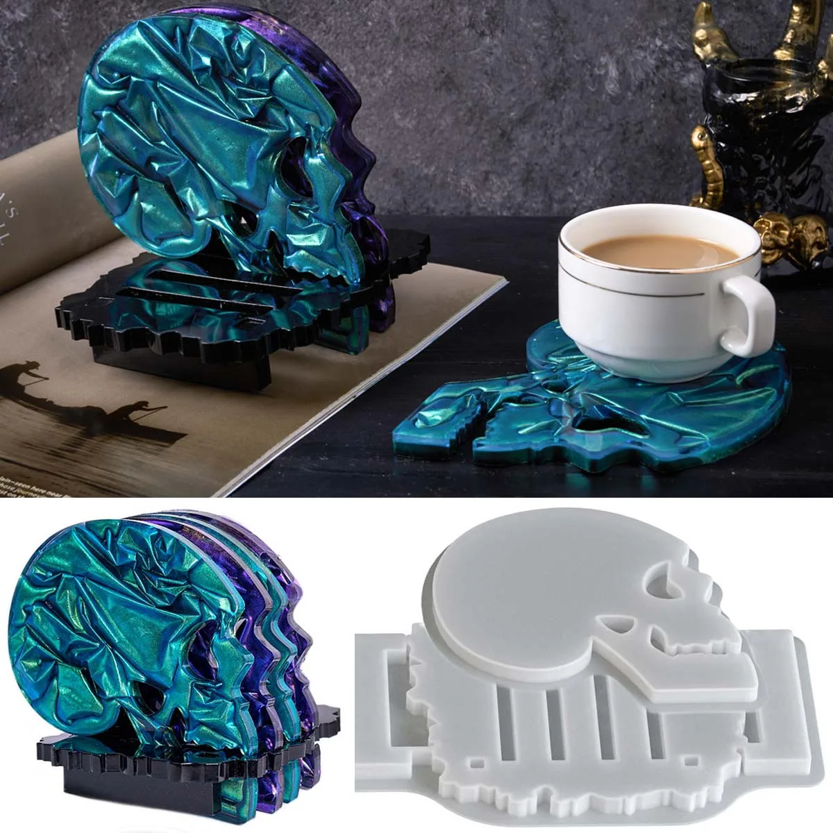 Halloween Schädel Untersetzer Set Silikon Form DIY Untersetzer Lagerung Halter Handwerk Formen Gips Harz, Der Home Dekoration Werkzeuge