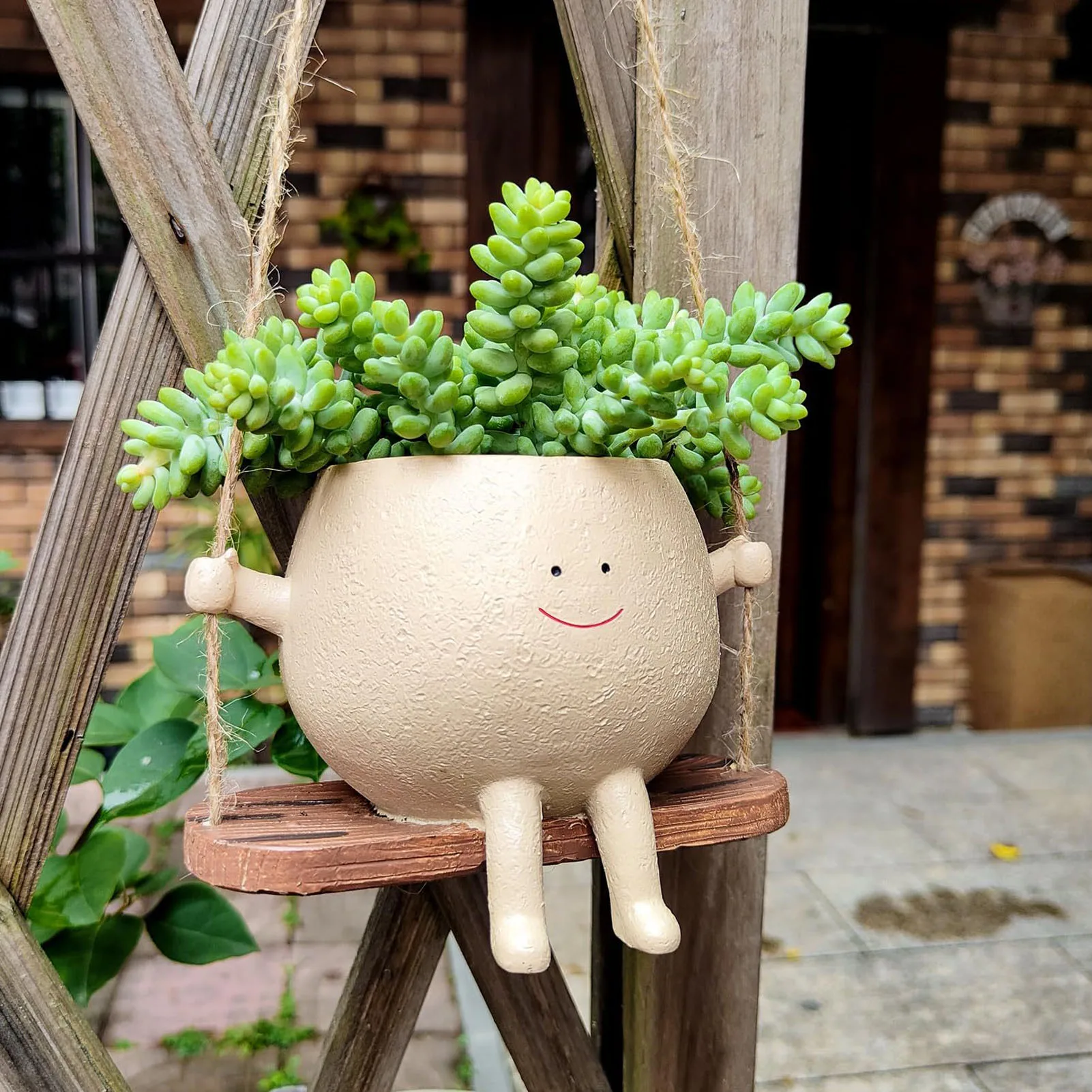 Hanging Resin Planter Pot Exquisite Lovely Unique Swing Face Flower Plant Pot with Rope Decoration for Garden Patio Balcony