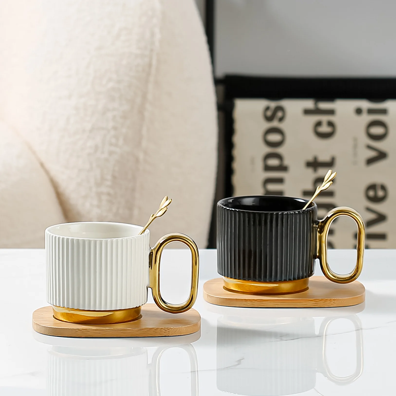 

220ml Simple Household Ceramic Cup With Spoon Plate Set Gold And Silver Handle Luxury Office High Temperature Resistance Mug