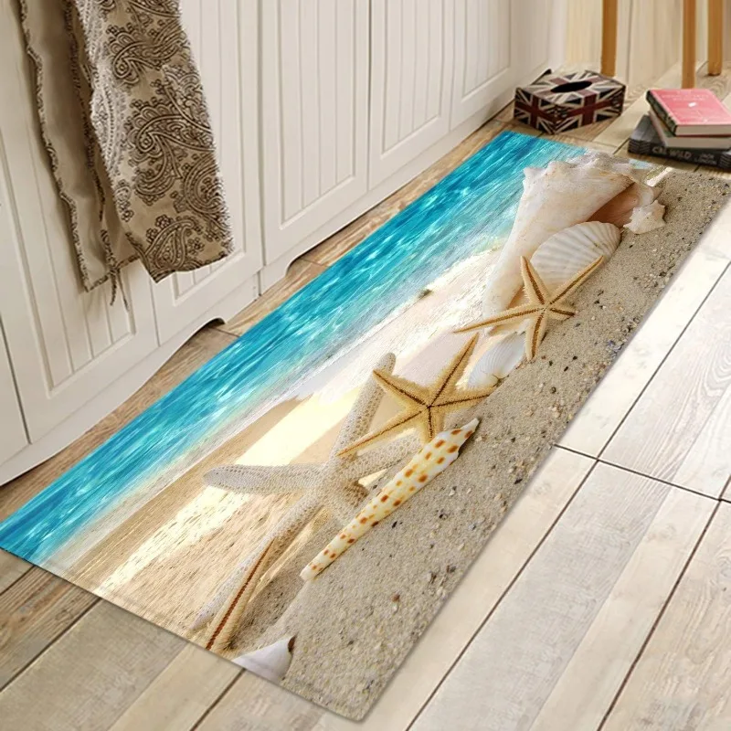 Ocean Beach Themed Runner Rug 3D Vision Starfish Print Absorbent Water Non-Slip Mat Daily Home Decor Carpt for Living Room