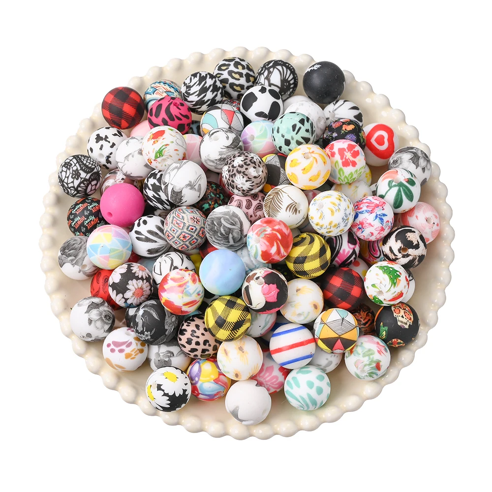 

20 шт. силиконовых круглых бусин с разнообразным принтом, разделительные бусины, рассыпные бусины для рукоделия, изготовления прорезывателей, цепочек для сосок, аксессуары для создания украшений