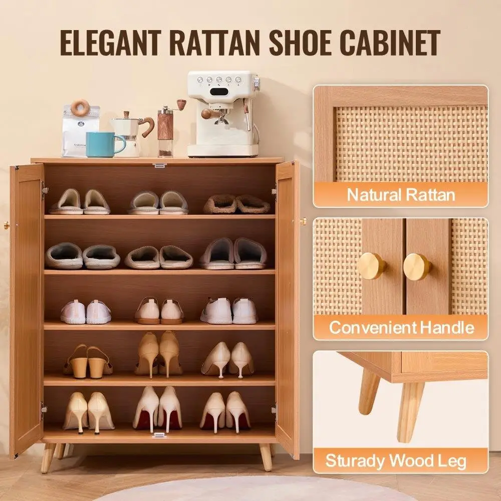 Rattan for entryway Shoe Cabinet 5 Tier Adjustable Storage Organizer Light Wood Color