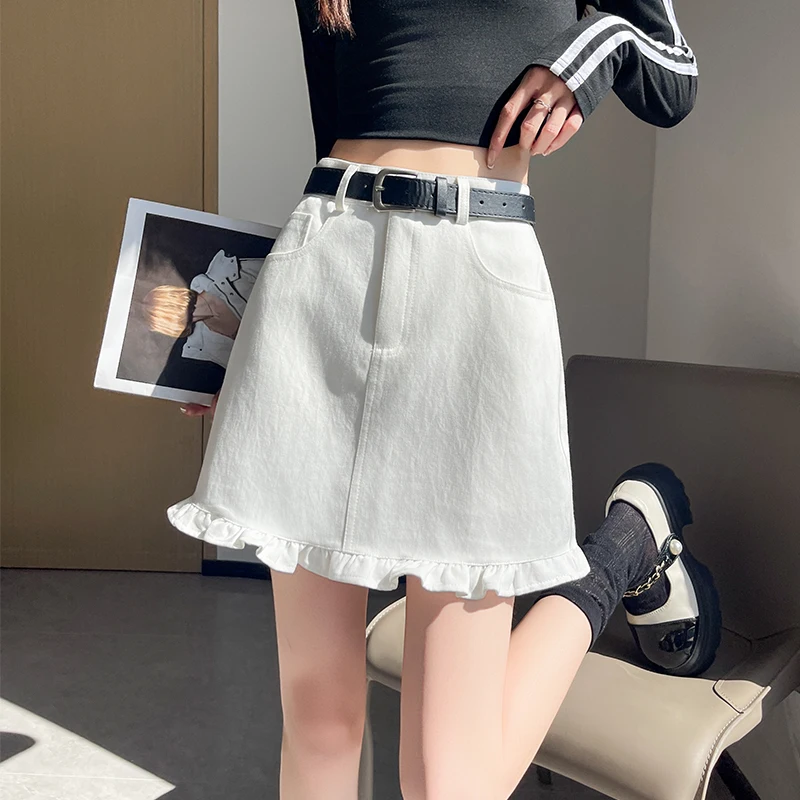 

Женская летняя уличная одежда с высокой талией и оборками, короткая джинсовая юбка, женская однотонная мягкая мини-джинсовая юбка из лиоцелла
