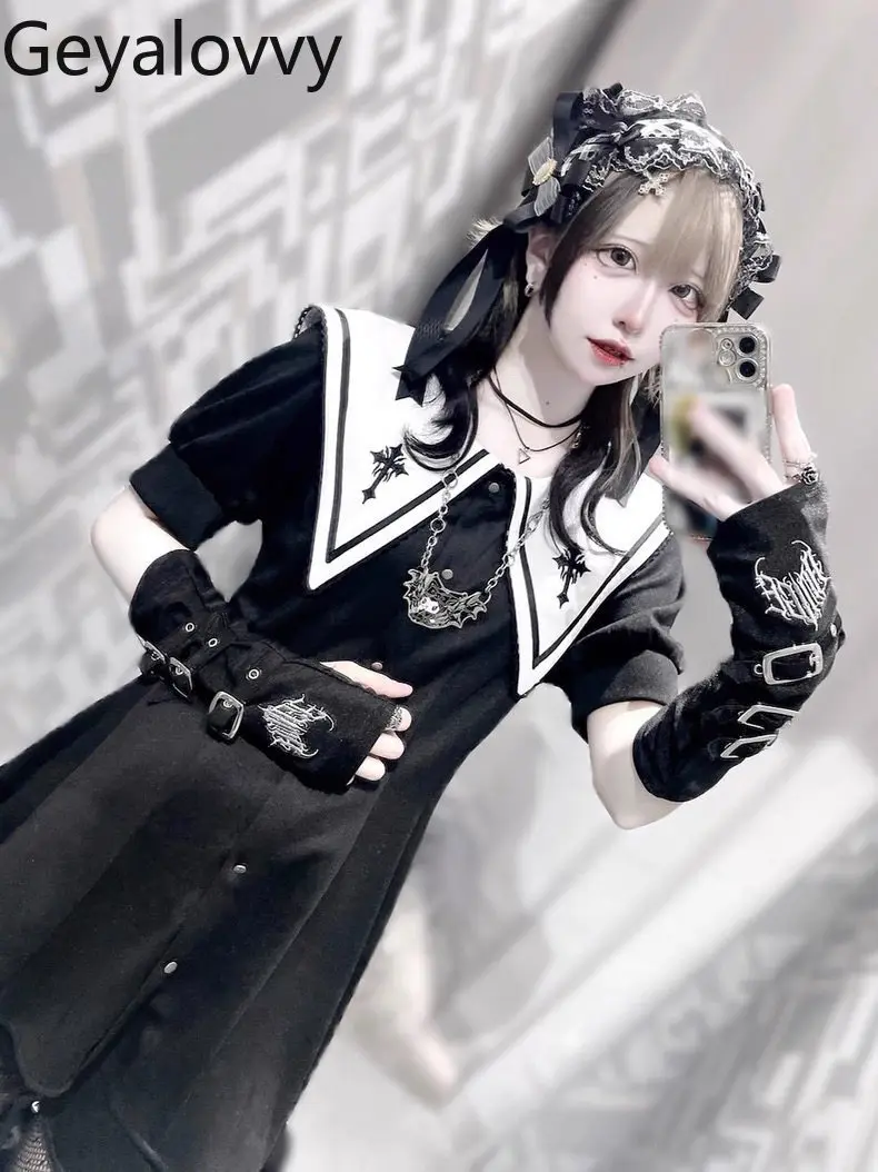 

2026 New Japanese Navy-style Pointed Collar High-waisted Slim-fit Short-sleeve Bow-tie Dress and Matching Short Skirt Set