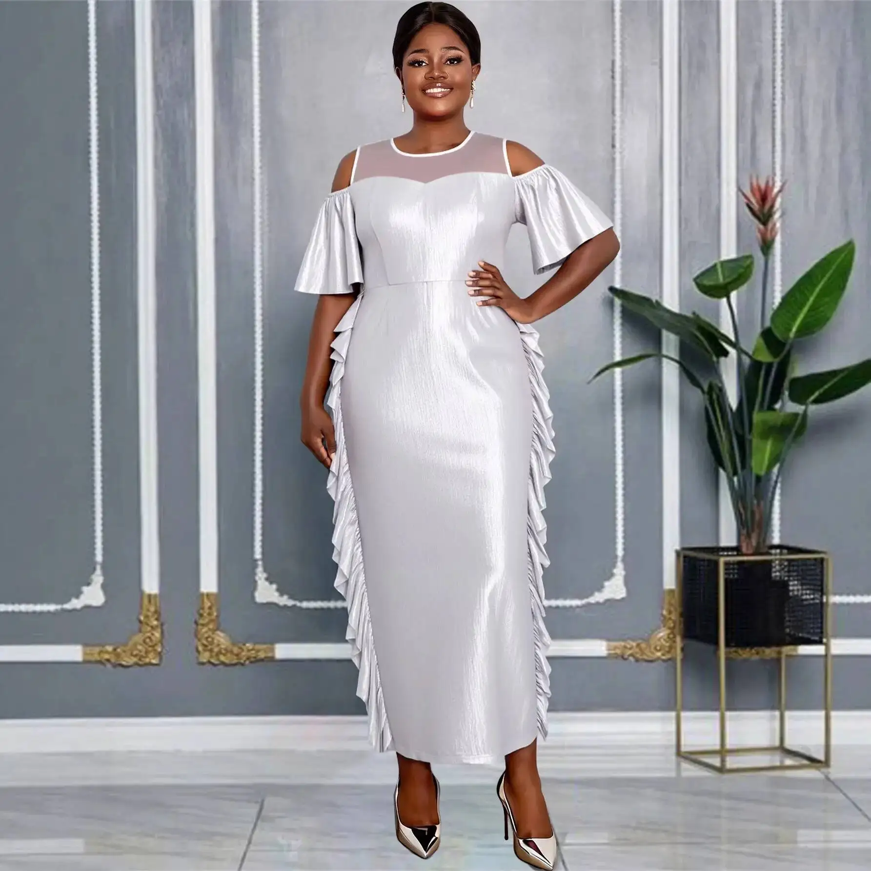 Plus-size Women's Off-shoulder Ruffle Dress With Sheer Neckline, Waist-cinching, Slimming, Elegant, Luxurious Long Gown For Y2K