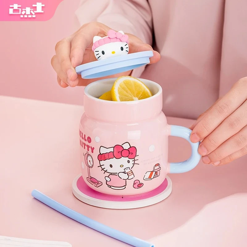 Pour Sanrio tasse en céramique dessin animé Hello Kitty Kuromi tasse de paille avec couvercle 3D thème Anime tasses d'eau maison petit déjeuner café tasse de lait