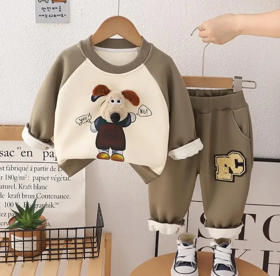 Boys Autumn Winter Outfits Sets 1 To 2 Years Kids Baby Clothes Cartoon Velvet Dog Sweatshirt And Pants Toddler Infant Clothing