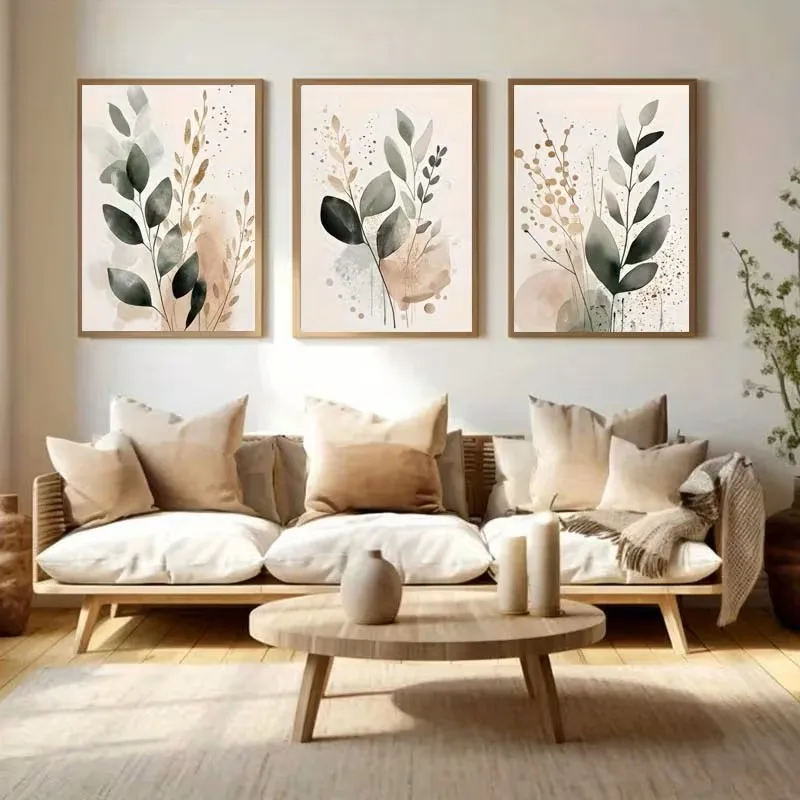 

3pcs Minimalist Bohemian Abstract Nordic Vanilla Green Leaf Canvas Poster Modern Living Room and Interior Home Decoration