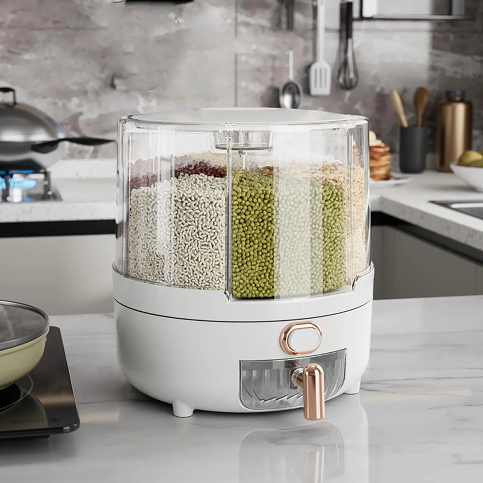 

360 Degree Rotating Grain Dispenser Box PP Plastic Kitchen Storage Container for Rice and Beans White L