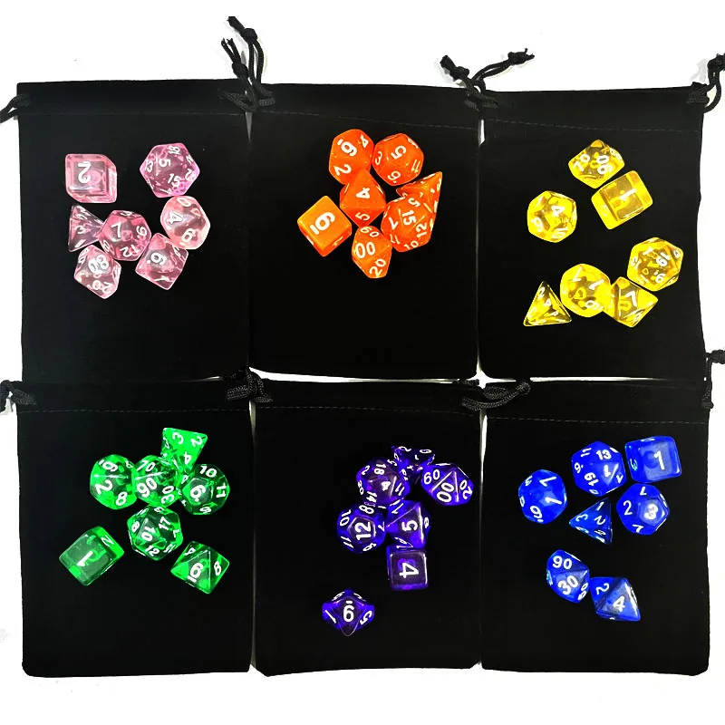 with bag 7pcs DnD Polyhedral Dice Set for Tabletop board Games, RPG Dice D4 D6 D8 D10 D% D12 D20 Clear transparent Dice 10colors