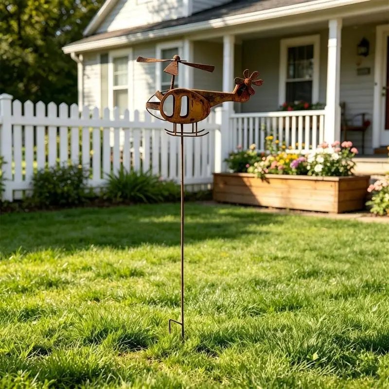 Helicopter Garden Metal Stake, Propeller Outdoor Airplanes Sculptures Ornament for Lawn, Flower Bed and Home Garden Use 87HA