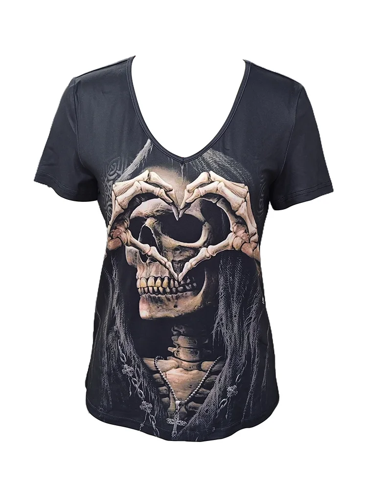 Chic Skull Black T-shirt Women\'s  V Neck Short Sleeve Summer Casual Print T-shirt Pullover