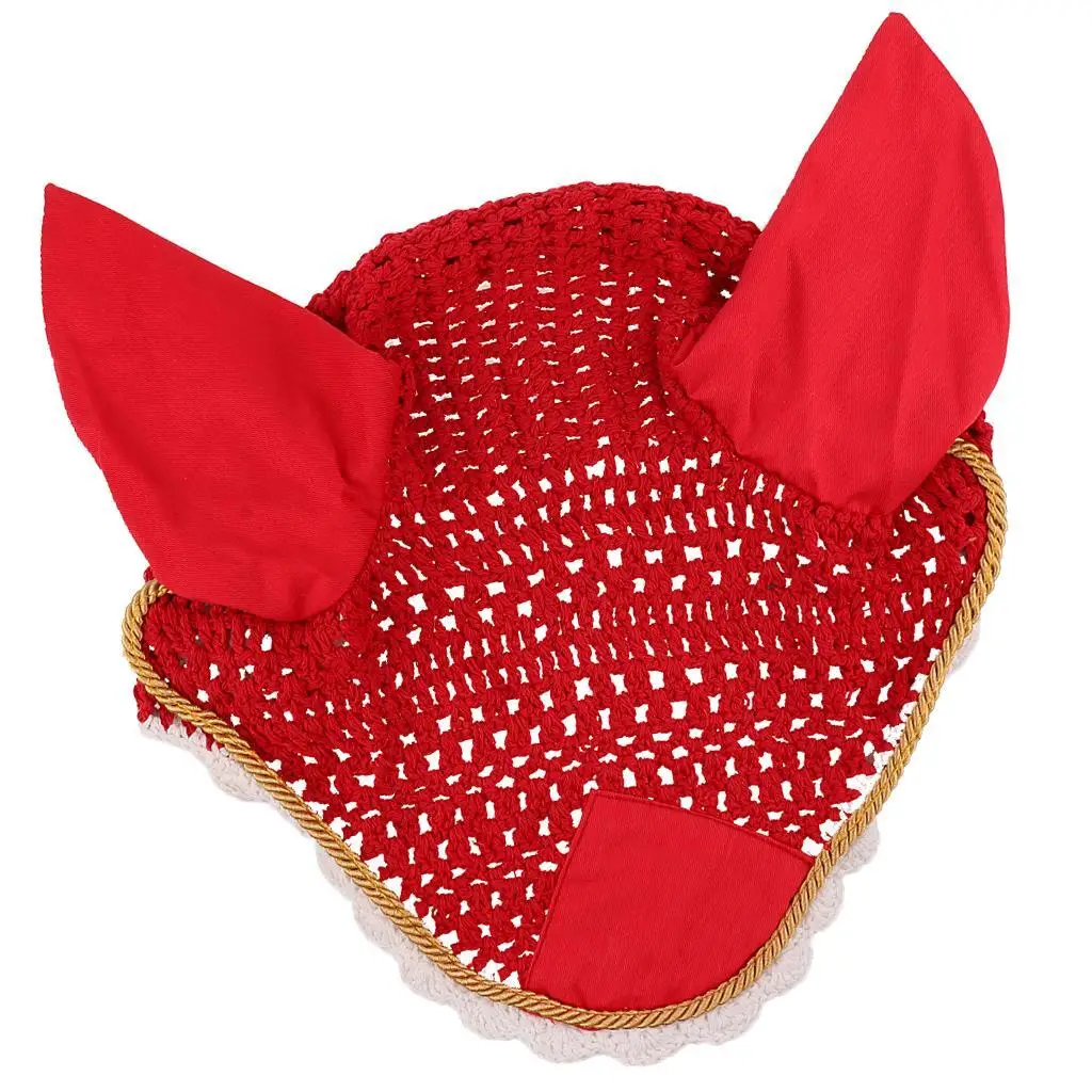 Soft Cotton Hand Crochet Breathable Fly Veil with Ears for Horse Red