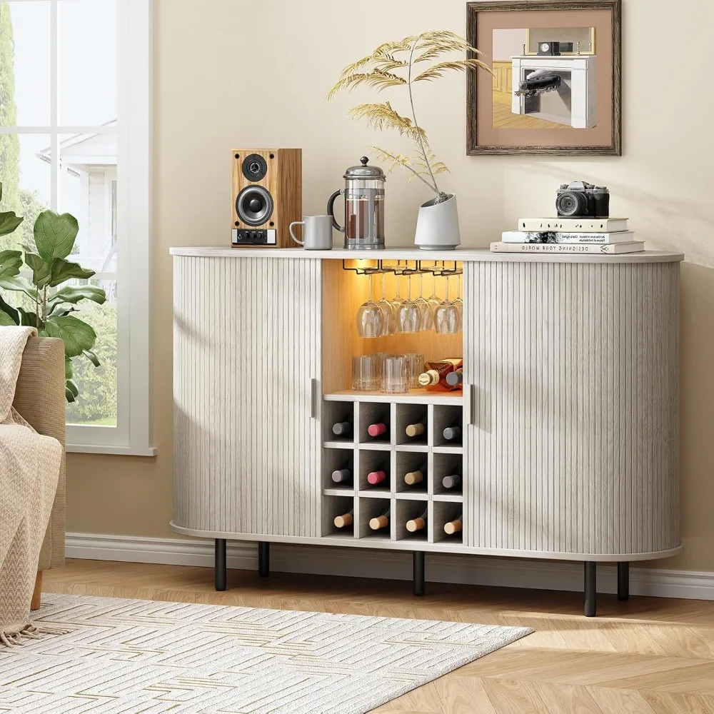 Home Bar Cabinet with Wine Rack, Fluted Design for Beverage Storage and Glass Holder
