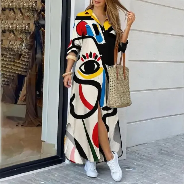 2023 Women Graffiti Print Long Shirt Dresses Casual Turn-down Collar Face Print Maxi Dress Ladies Autumn Long Sleeve Loose Dress