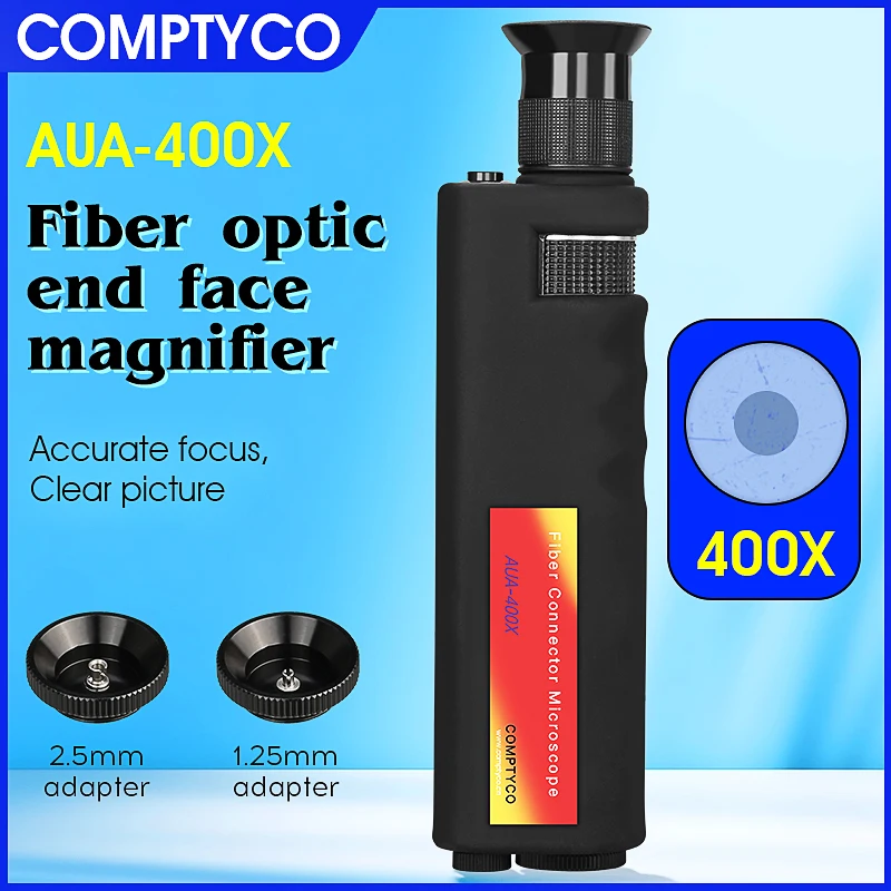 COMPTYCO 휴대용 광섬유 검사 현미경, 미끄럼 방지 고무, LED 조명, AUA-200X, 400X, 200XD