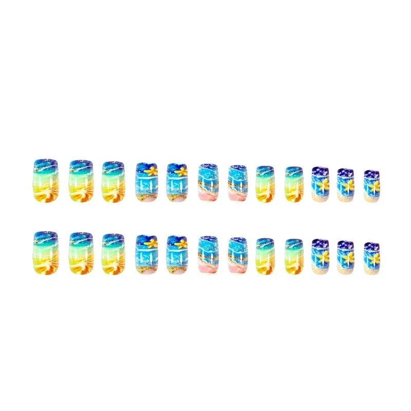 24 Uds. De uñas postizas cuadradas de longitud media para playa de verano, cobertura completa de puntas de uñas, uñas postizas autoadhesivas, removibles, 2025