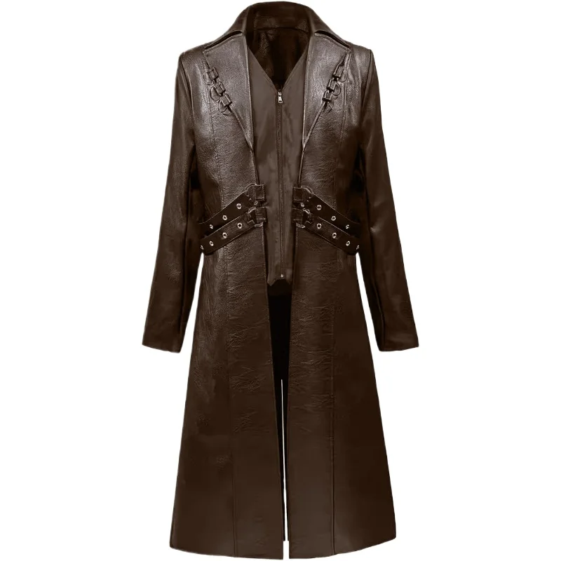 Vintage Medieval Gothic Long Leather Windbreaker European American Steampunk Men Leather Coats Assassin Elves Pirate Costume