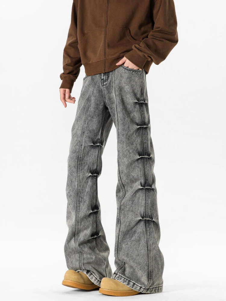 

American Retro Waed Folded Micro Flared Jeans Men Trendy High Street Vibe Haome Loose Wide Leg Pants Youth Faion