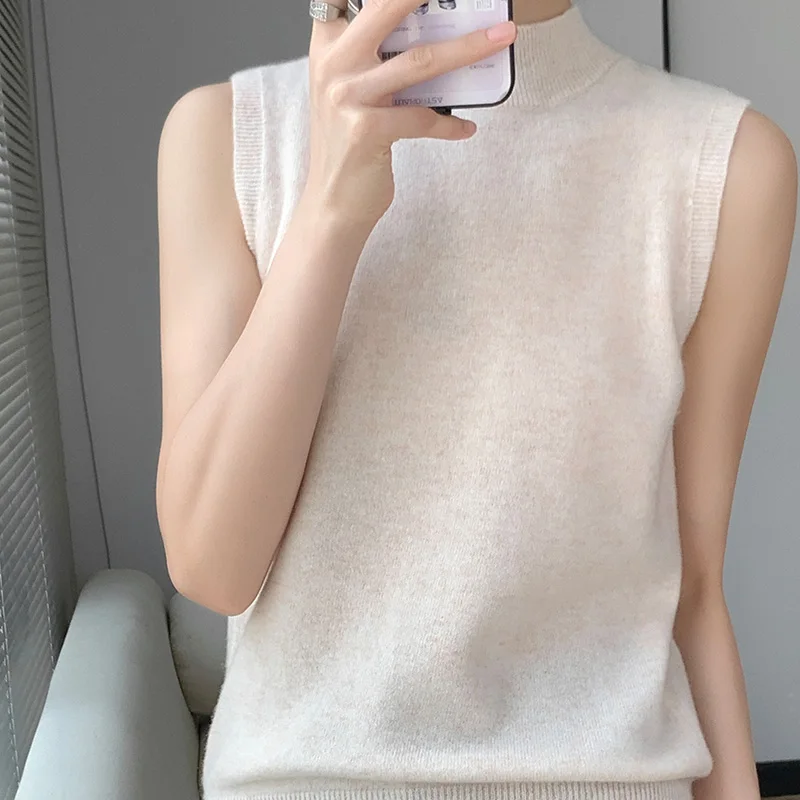 100% Wool Fashion Knitted Sweater Women Round-Neck Pullover Vest All-match Sleeveless Female Clothing Slim Fit Tops Jumper