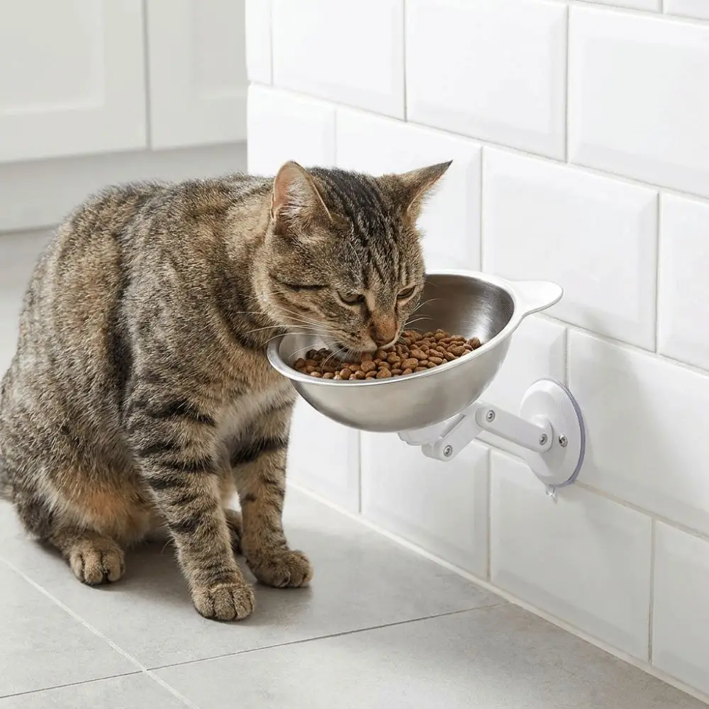 

Stainless Steel Magnetic Cat Bowl Height Adjustable Space Saving Wall Mounted Dog Bowl Leak-Proof No-Drill Cat Food Bowl