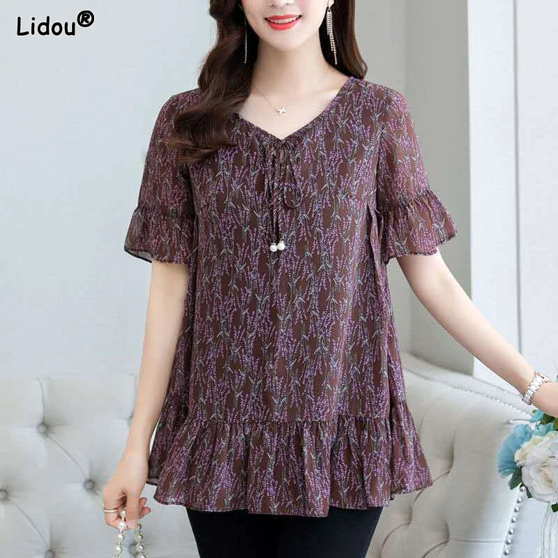 

V-neck Comfortable Intellectual Printing T-Shirts Pullovers Fashion Casual Lacing Short Sleeve Summer Loose Women's Clothing