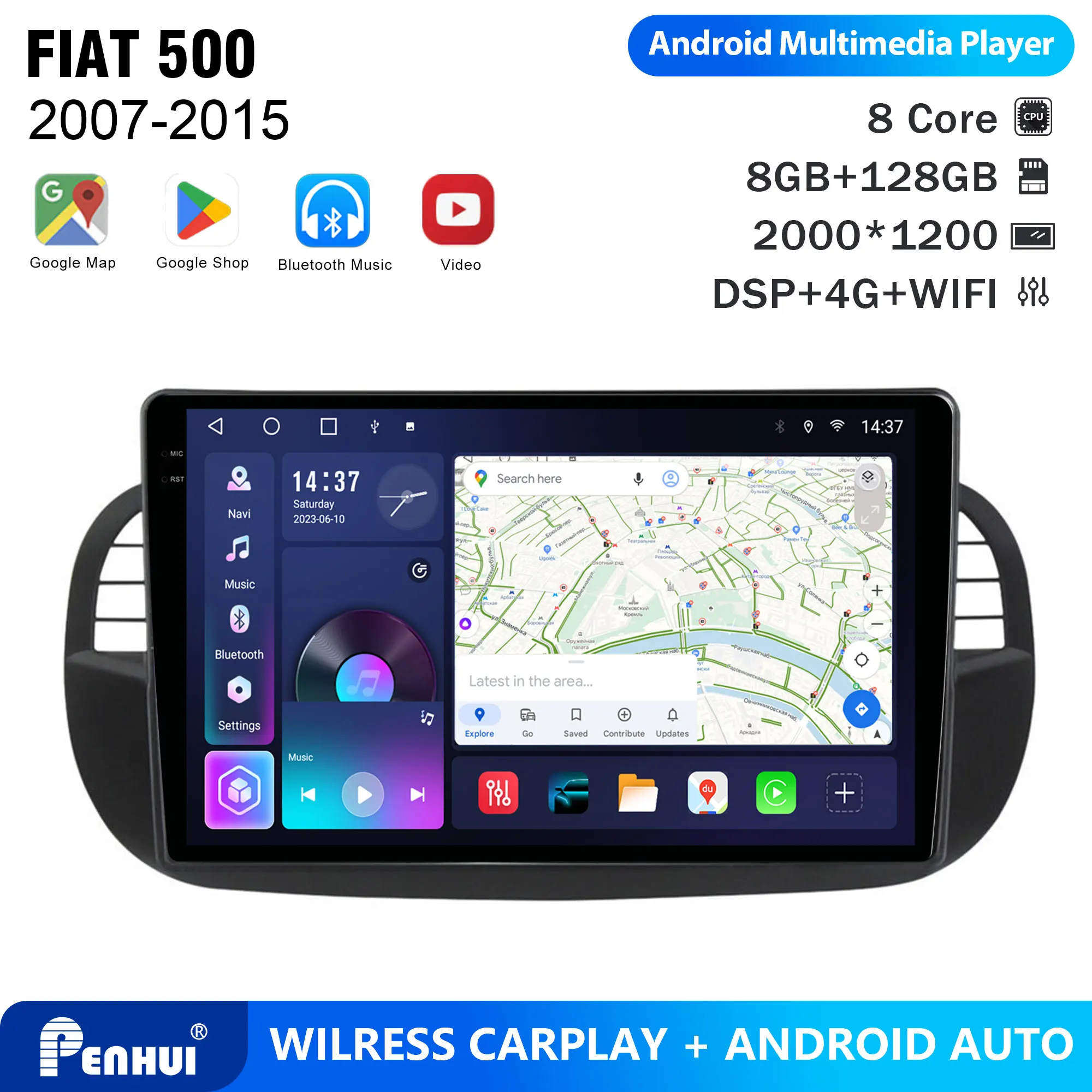 Penhui For FIAT 500 2007-2015 Android Car DVD Player 2Din 9'' Touchscreen DSP Bluetooth Video Radio Multimedia System