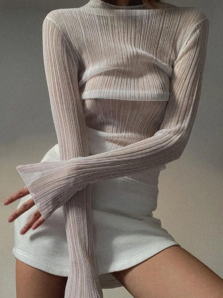 2021 Fall Elegant See Through Long Sleeve Mock Neck Women Tops Fashion Streetwear Sexy T-Shirts Tees Slim Clothes