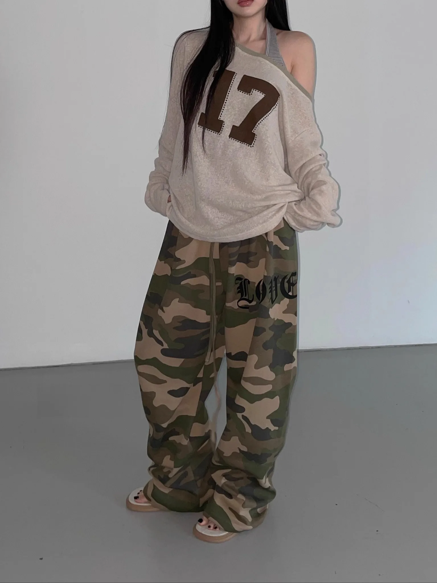 Pantalones de chándal de pierna ancha sueltos Street Sle American Sle Sanskrit estampado camuflaje Y2K letras pantalones casuales cómodos