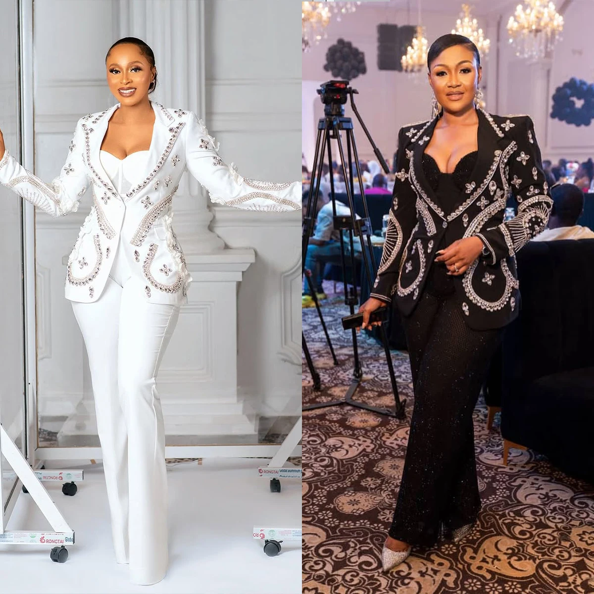 

Peaked Lapel Crystal Women Blazer Suits 2 Pieces Beaded Applique African Jacket Customized Wide Leg Pants Celebrity Party Dress