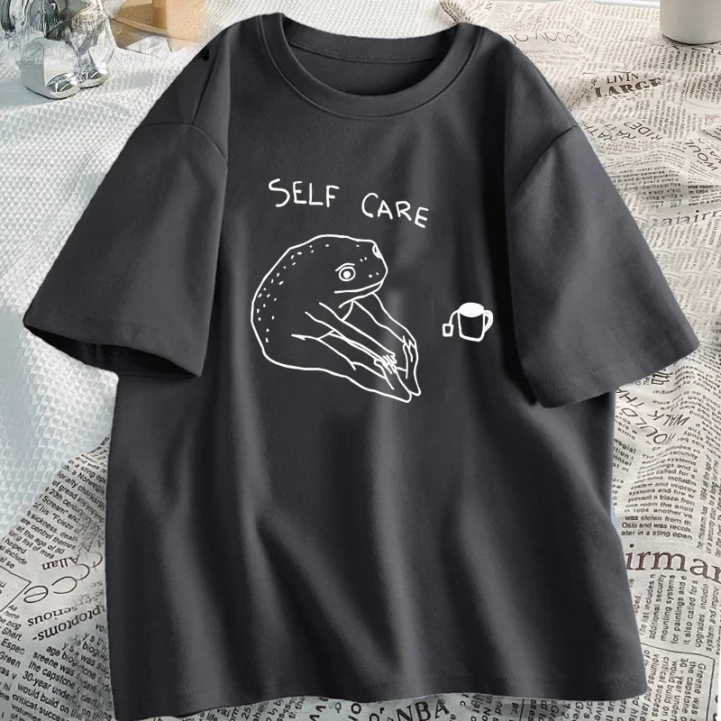 Funny Frog Self Care Women Retro Cottagecore T Shirt Summer Cotton Short Sleeve Womens Clothing Harajuku Oversized Tshirt