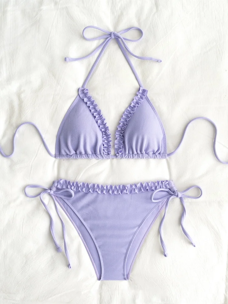 Bikini Frauen Badeanzug 2025 Neue Solide Halter Design Bikini Set Sexy Spitze Up Bademode Sommer 2 Stück Set Strand Badeanzug weibliche