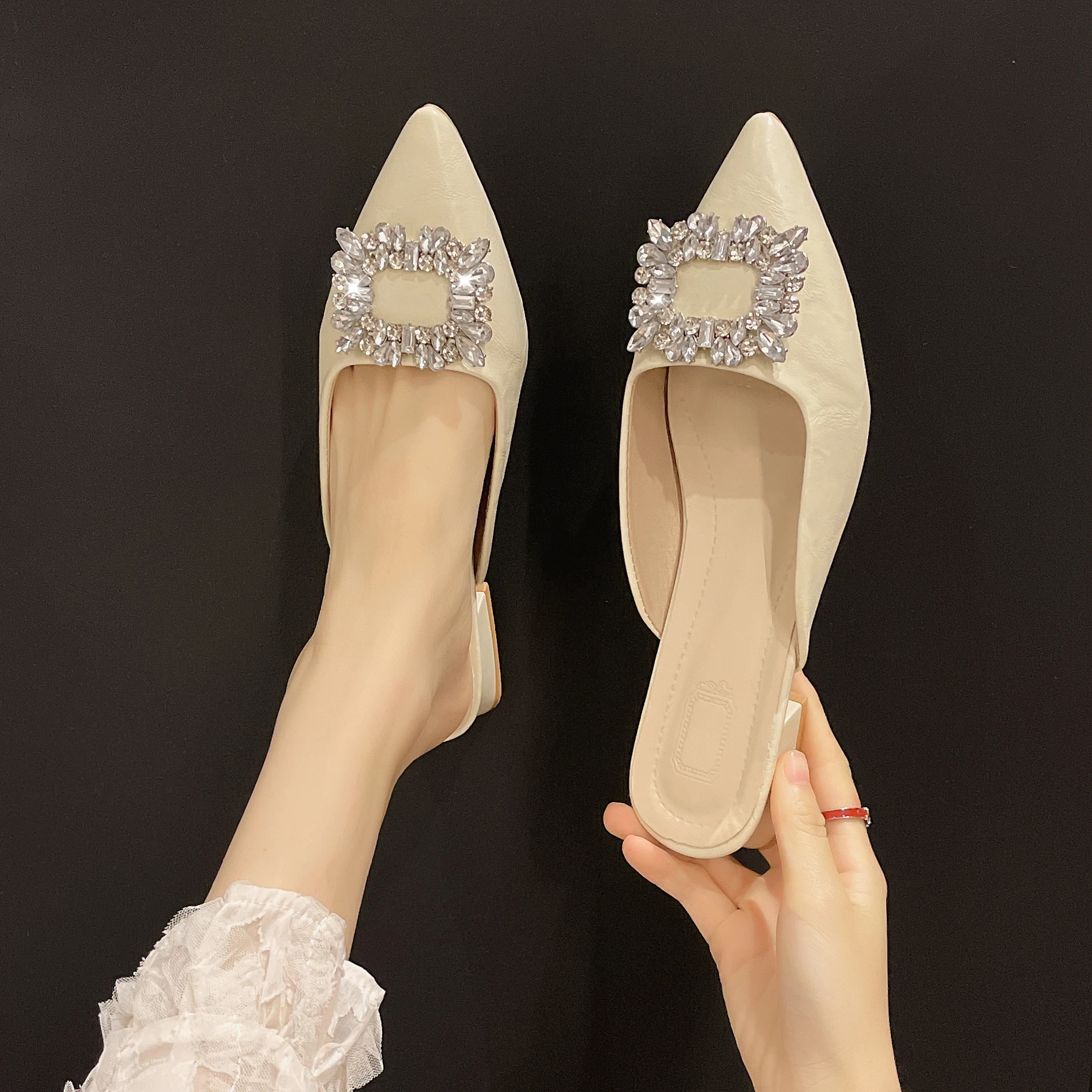 

Spring Summer New Pointed Toe Low Heel Versatile Outdoor Women's Mule Shoe